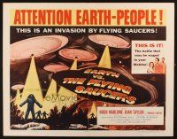 9e039 EARTH VS. THE FLYING SAUCERS style A 1/2sh '56 art of UFOs & aliens, Attention Earth-People!
