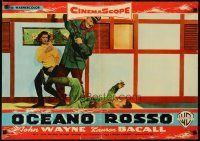 9e142 BLOOD ALLEY Italian photobusta '56 sexy Lauren Bacall watches John Wayne using bayonet!