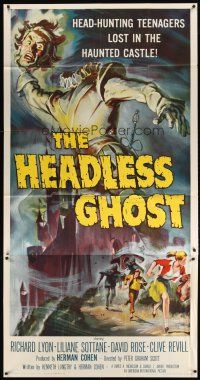 9f196 HEADLESS GHOST 3sh '59 head-hunting teenagers lost in the haunted castle, cool art by Brown!