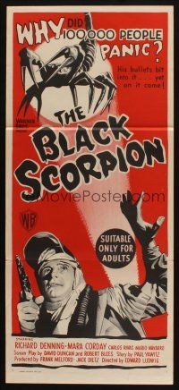 9f261 BLACK SCORPION Aust daybill '57 completely different stone litho of monster & guy with gun!