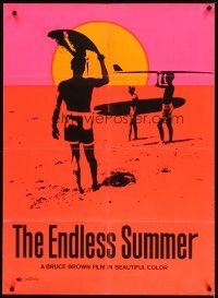 9f004 ENDLESS SUMMER day-glo commercial poster '67 Bruce Brown surfing classic, cool art!