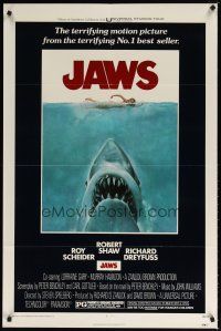 9f028 JAWS 1sh '75 art of Steven Spielberg's classic man-eating shark attacking nude swimmer!