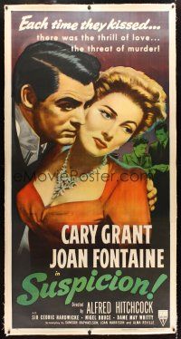 9g009 SUSPICION linen 3sh R53 Alfred Hitchcock, different art of Cary Grant & Joan Fontaine!