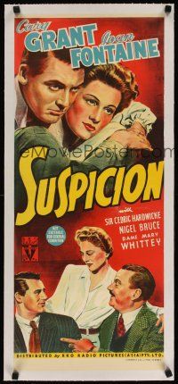 9g068 SUSPICION linen Aust daybill '41 Alfred Hitchcock, stone litho of Cary Grant & Joan Fontaine!