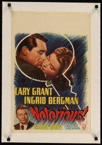 9g073 NOTORIOUS linen Belgian 1948 art of Cary Grant & Ingrid Bergman in big key, Hitchcock classic!