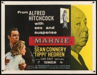 9g067 MARNIE linen British quad '64 different image of Sean Connery, Tippi Hedren & Alfred Hitchcock
