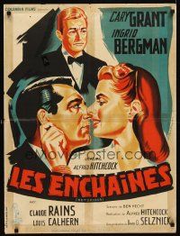 9g084 NOTORIOUS French 23x32 R54 Hitchcock, different Belinsky art of Cary Grant, Bergman & Rains!
