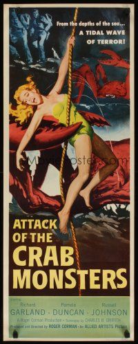 9g127 ATTACK OF THE CRAB MONSTERS insert '57 Roger Corman, art of sexy girl grabbed by beast!