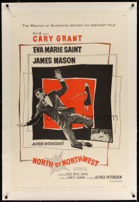9g028 NORTH BY NORTHWEST linen 1sh '59 Alfred Hitchcock classic with Cary Grant & Eva Marie Saint!