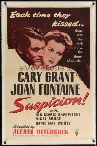 9g015 SUSPICION linen 1sh R57 Alfred Hitchcock, close up of Cary Grant & Joan Fontaine!