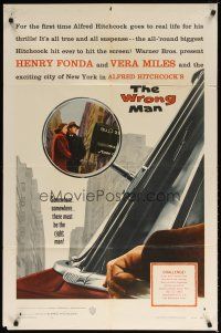 9g032 WRONG MAN 1sh '57 Henry Fonda, Vera Miles, Alfred Hitchcock, cool rear view mirror art!