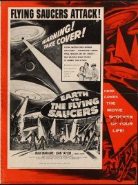 9g146 EARTH VS. THE FLYING SAUCERS pressbook '56 sci-fi classic, cool art of UFOs & aliens!