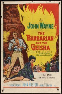 9h054 BARBARIAN & THE GEISHA 1sh '58 John Huston, art of John Wayne with torch & Eiko Ando!