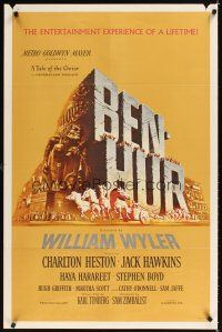 9h064 BEN-HUR 1sh '60 Charlton Heston, William Wyler classic religious epic, chariot art!