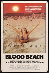 9h084 BLOOD BEACH 1sh '80 classic Jaws parody image of sexy girl in bikini sinking in quicksand!