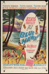 9h086 BLUE HAWAII 1sh '61 Elvis Presley plays a ukulele for sexy babes by the beach!