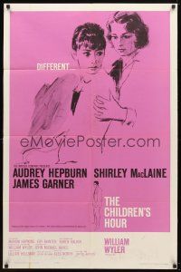 9h133 CHILDREN'S HOUR 1sh '62 close up artwork of Audrey Hepburn & Shirley MacLaine!