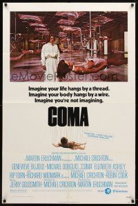 9h156 COMA 1sh '77 Genevieve Bujold finds room full of coma patients in special harnesses!