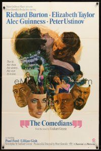 9h161 COMEDIANS style B 1sh '67 art of Richard Burton, Elizabeth Taylor, Alec Guinness & Ustinov!