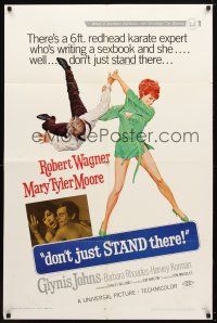 9h240 DON'T JUST STAND THERE 1sh '68 wacky art of sexiest Barbara Rhoades throwing Robert Wagner!