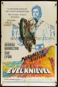 9h278 EVEL KNIEVEL 1sh '71 George Hamilton is THE daredevil, great art of motorcycle jump!