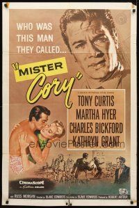9h525 MISTER CORY 1sh '57 art of professional poker player Tony Curtis & kissing sexy Martha Hyer!