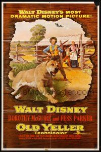 9h575 OLD YELLER 1sh '57 Dorothy McGuire, Fess Parker, art of Disney's most classic canine!
