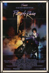 9h638 PURPLE RAIN 1sh '84 great image of Prince riding motorcycle, in his first motion picture!