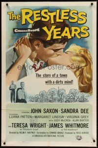 9h660 RESTLESS YEARS 1sh '58 John Saxon & Sandra Dee are condemned by a town with a dirty mind!