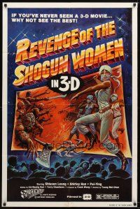 9h669 REVENGE OF THE SHOGUN WOMEN 1sh '82 cool 3-D artwork of female ninjas on theater screen!