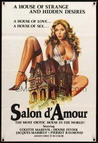 9h699 SALON D'AMOUR 1sh '76 artwork of sexy Colette Marevil behind mansion, rated X!