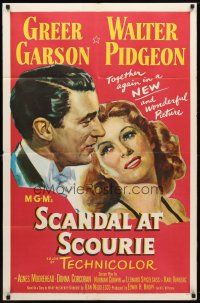 9h714 SCANDAL AT SCOURIE 1sh '53 great close up art of smiling Greer Garson & Walter Pidgeon!