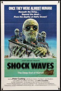 9h749 SHOCK WAVES 1sh '77 Peter Cushing, cool art of wacky ocean zombies terrorizing boat!