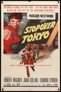 9h787 STOPOVER TOKYO 1sh '57 artwork of sexy Joan Collins & spy Robert Wagner in Japan!