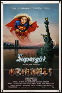 9h798 SUPERGIRL 1sh '84 super Helen Slater in costume flying over Statue of Liberty!