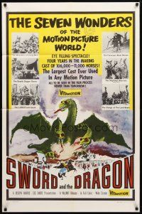 9h810 SWORD & THE DRAGON 1sh '60 cool fantasy art of three-headed winged monster attacking!