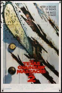 9h840 TEXAS CHAINSAW MASSACRE PART 2 door style 1sh '86 Tobe Hooper horror sequel, cool Huston art!