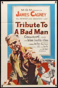 9h885 TRIBUTE TO A BAD MAN 1sh '56 great art of cowboy James Cagney, pretty Irene Papas!