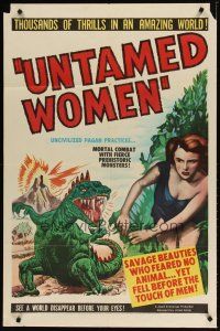 9h902 UNTAMED WOMEN 1sh '52 great wacky artwork of dinosaur attacking sexy savage cave babe!