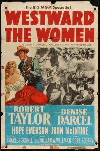 9h944 WESTWARD THE WOMEN 1sh '51 art of Robert Taylor & sexy mail-order bride Denise Darcel!