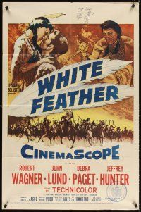 9h954 WHITE FEATHER 1sh '55 art of Robert Wagner & Native American Debra Paget!