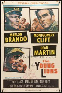 9h991 YOUNG LIONS 1sh '58 art of Nazi Marlon Brando, Dean Martin & Montgomery Clift!