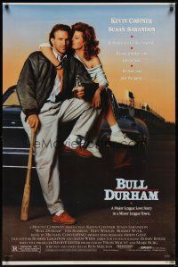 9k074 BULL DURHAM 1sh '88 great image of baseball player Kevin Costner & sexy Susan Sarandon!