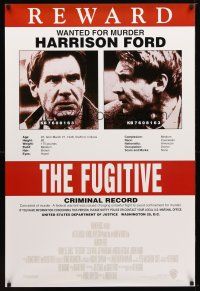 9k190 FUGITIVE recalled int'l 1sh '93 Harrison Ford is on the run, cool wanted poster!