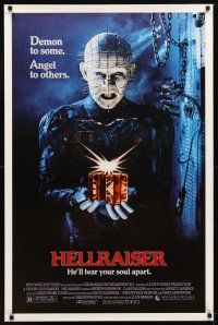 9k254 HELLRAISER 1sh '87 Clive Barker horror, great image of Pinhead, he'll tear your soul apart!
