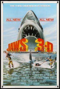9k335 JAWS 3-D 1sh '83 great Gary Meyer shark artwork, the third dimension is terror!