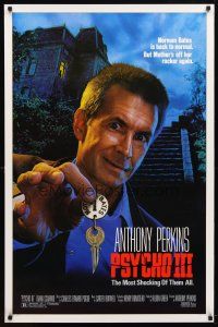 9k649 PSYCHO III 1sh '86 great close image of Anthony Perkins as Norman Bates, horror sequel!
