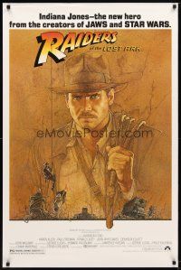 9k656 RAIDERS OF THE LOST ARK re-strike 1sh '90s art of adventurer Harrison Ford by Richard Amsel!