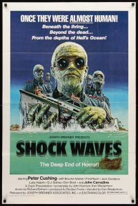 9k708 SHOCK WAVES 1sh '77 Peter Cushing, cool art of wacky ocean zombies terrorizing boat!