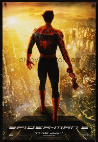9k728 SPIDER-MAN 2 int'l teaser DS 1sh '04 superhero Tobey Maguire stands over city!